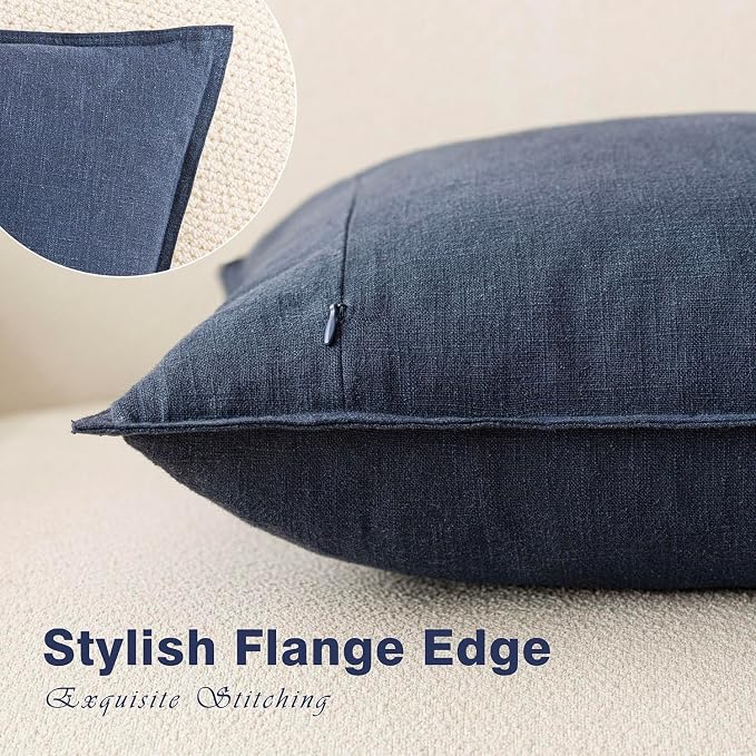 Foindtower Pack of 2, Decorative Linen Solid Throw Pillow Covers Soft Accent Square Cushion Case Boho Farmhouse Pillowcase for Chair Couch Sofa Bedroom Living Room Home Decor 24 x 24 Inch Navy Blue