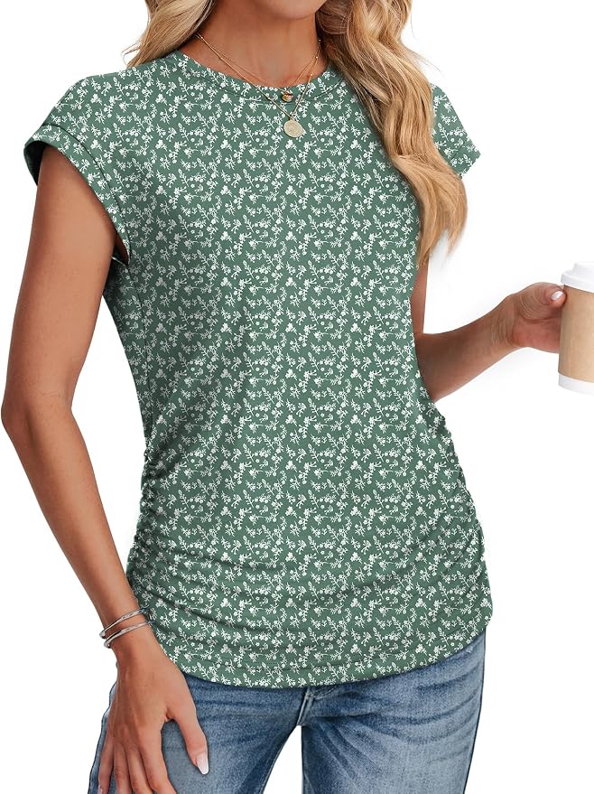 Sampeel Womens Summer Tops Trendy 2026 Ruched Cap Short Sleeve Tshirts Shirts Crew Neck T Shirts Fashion