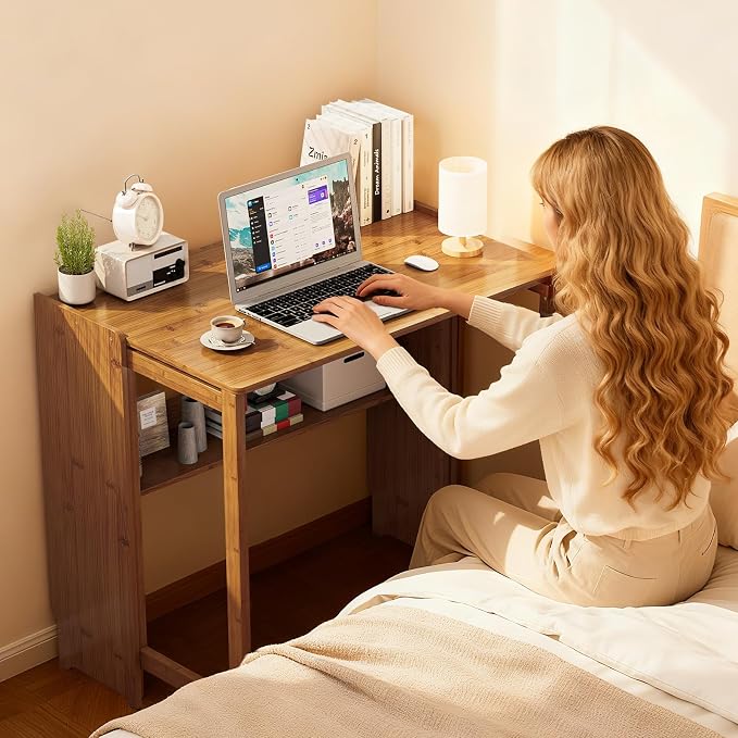 Folding Desk for Small Spaces, Bamboo Foldable Desk with Storage, Brown | Small Computer Desk with Bookshelf, Mid Century, Fold Out，Compact Size, for Bedroom, Living Room, Apartment, Home Office