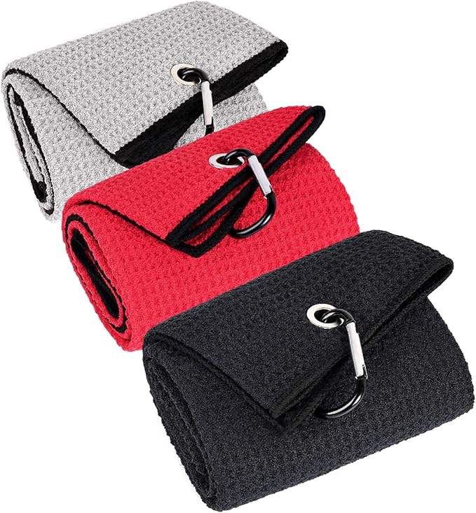 3 Pack Large Golf Towels, 16" x 24" Tri-Fold Portable Microfiber Fabric Waffle Pattern Golf Towel for Golf Bag with Carabiner Clip to Quickly Remove Sand, Mud, Dirt and Sweat