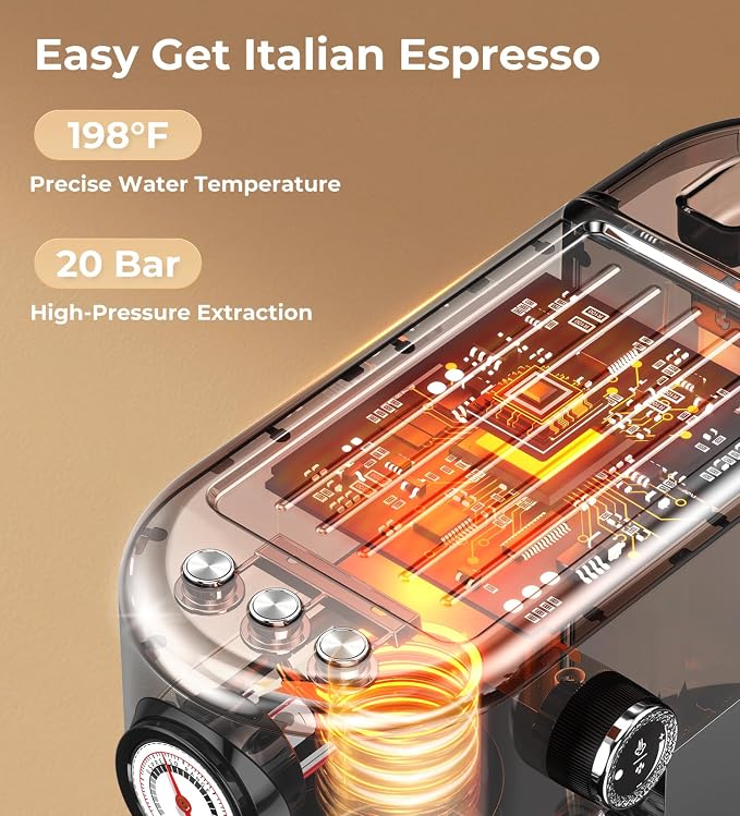 atatix 20 Bar Espresso Machine with Milk Frother, Compact Espresso Maker | Stainless Steel Coffee Machine with Precise Temp Control, 44oz Removable Water Tank for Latte, Cappuccino, Dark Grey