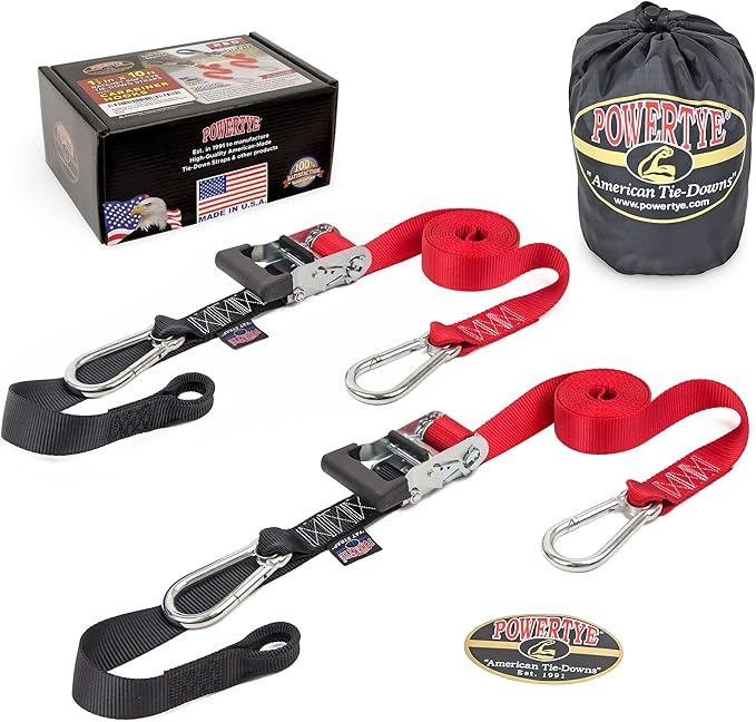 PowerTye 1.5 inch x 10ft Extra Long Ratchet Tie Down Straps, Heavy Duty with Carabiner Hooks, Soft-Tye & Bag, for Motorcycle, ATV & Cargo - 1,000 lb WLL - Made in USA - Red/Black Pair