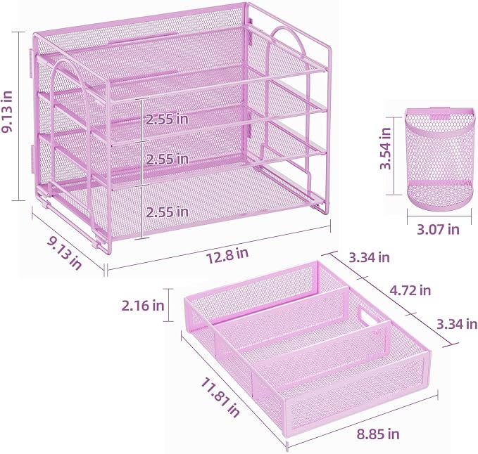 Marbrasse Desk Organizer, 4-Tier Paper File Letter Tray, Purple | Sturdy Paper Tray, File Holder, Built-in Drawer, 2 Pen Slots, fits Letters/Files, for School Home Office Supplies