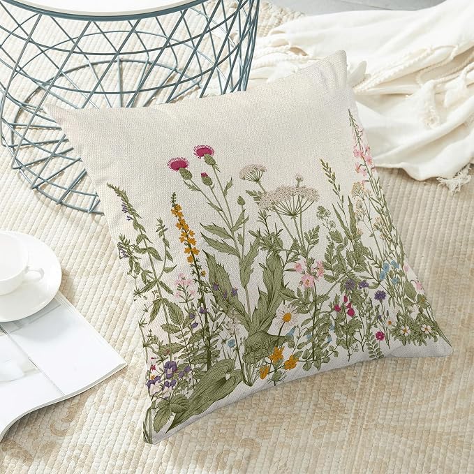 AEIOAE Sage Green Pillow Covers 22x22 Inch Set of 2, Spring Wildflower Plant Throw Pillows Case,Seasonal Floral Outdoor Decorative Flowers Farmhouse Decor Cushion Covers for Home Sofa Bed Couch