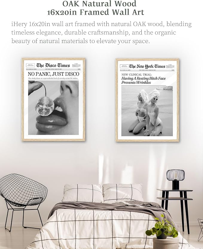 iHery 16x20in Funny Beach Girls Framed Newspaper Wall Art | Natural OAK Wood Frame with Canvas Print, Retro Magazine Decor for Bathroom, Bedroom, Girl Dorm, Living Room 1Pack