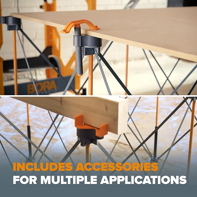 Bora Centipede Folding Work Table - Portable Workbench, 24 x 48 in Work Surface, 1500 lb Capacity, Perfect 30" Working Height, Complete Kit with Accessories, 6 X Cups, Non-slips, 3 Quick Clamps, 2 Cord Hooks, Carry Bag. CK625