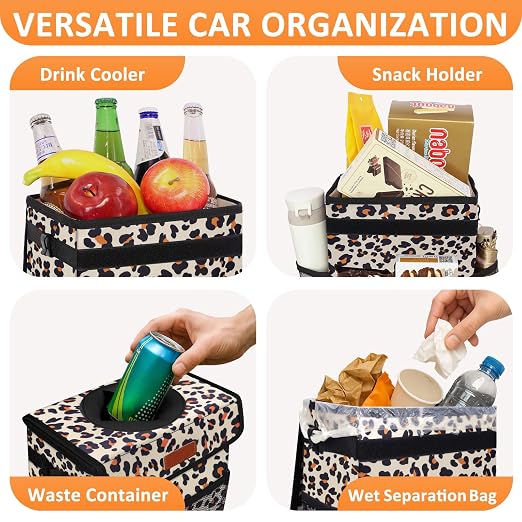 Vankor Cute Car Trash Can, Car Accessories for Women Interior Can Trash Bag Hanging Automotive Garbage Cans Leopard Pattern