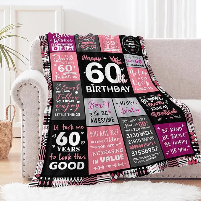 Happy 60th Birthday Gifts for Women, 60th Birthday Blanket for Women 50x60 | 60th Birthday Decorations for Women, 60 Year Old Birthday Gifts for Women, 1966 60Th Birthday Gift for Sister, Friend, Mom