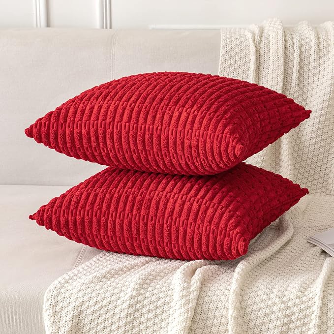 MIULEE Euro Sham Corduroy Decorative Throw Pillow Covers 24x24 Red Set of 2 | Soft Boho Striped Pillow Covers Modern Farmhouse Home Decor For Sofa Living Room Couch Bed