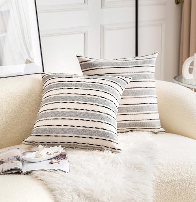 Cethom Decorative Boho Throw Pillow Covers, Farmhouse Textured Pillow Case, 20 x 20 Inch Set of 2, Chair Sofa Bedroom Living Room Home Decor Couch Cushion Case, Black and Beige Striped