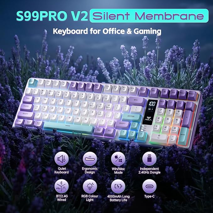 Aula S99pro V2 Wireless Gaming Keyboard,Silent Computer Keyboards,Creamy Membrane Keyboard with Number Pad,Tri-Mode Bluetooth/2.4GHz/USB-C,RGB Backlit,Digital Display Screen - Star Illusion Purple