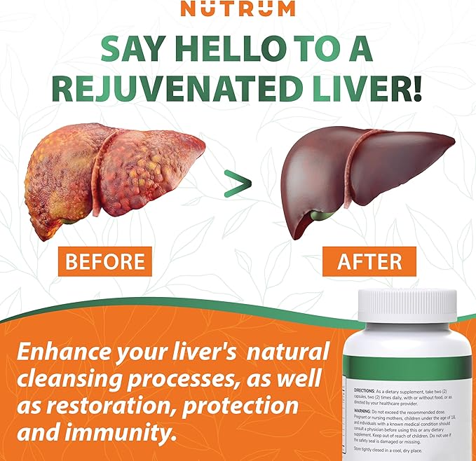 Liver Cleanse and Detox Health Support Supplement by Nutrum, Vegan Liver Formula, Natural Herbal Liver Renewal with Vitamin C, Milk Thistle, Support for Bad Breath, Acne, Low Energy, 60 Capsules