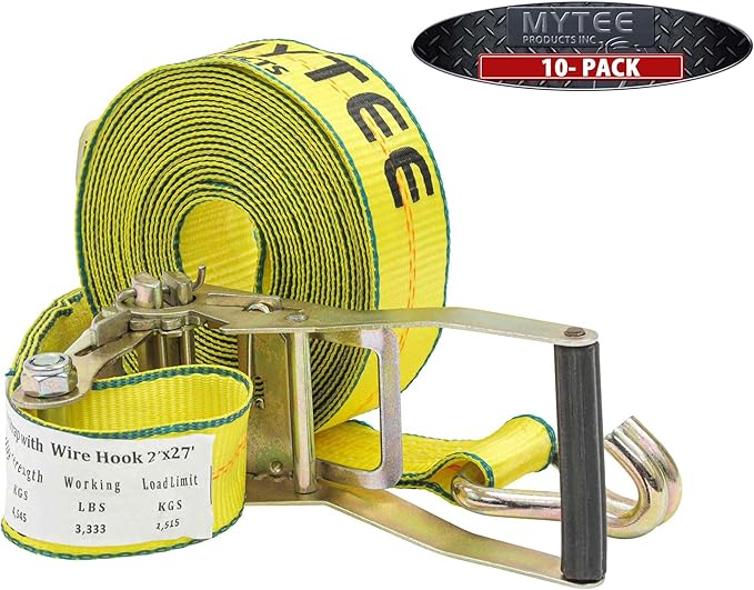 Mytee Products Ratchet Tie-Down Straps with Wire Hook, 2" x 27' Ratchet Strap | 10,000 Lbs Breaking Strength | Heavy Duty TieDown Ratchet Straps for Flatbed, Truck, Trailers Pickup (10 - Pack)