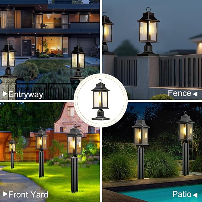 Dusk to Dawn Outdoor Post Light, 19.29″ Matte Black Lamp Post Light Fixture with Pier Mount Base, Hardwired Waterproof Aluminum Pole Light for Garden Yard Patio Driveway,2-Pack