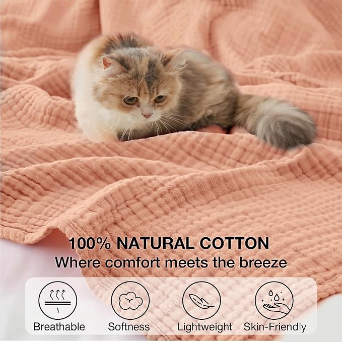 100% Cotton Muslin Blanket California King 120" x 90", 6 Layers Breathable and Lightweight Oversized Blankets for Bed, Soft Cooling Gauze Blanket for Adults All Season, Dusty Pink