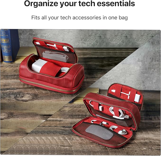 Hiram Handmade Crazy Horse Leather Tech Organizer Travel Case ��� Accessories Organiser Bag for Laptop, Tablet & Cell Phone, Double Compartment Charger Organizer Travel Case Red