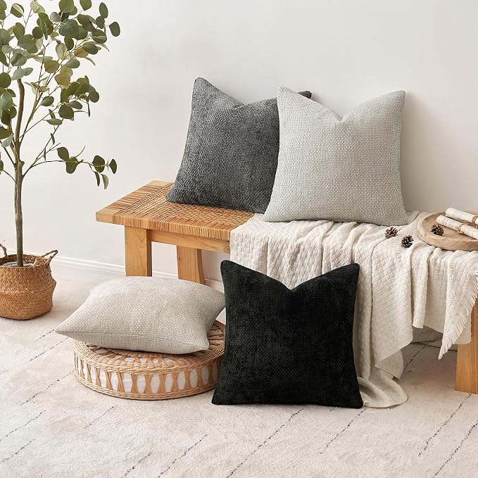 MIULEE Decorative Lumbar Throw Pillow Covers 12x20 Inch Black 2 Pack | Modern Boho Accent, Soft Chenille Pillow Covers, Farmhouse Cushion Cases for Couch Bed Sofa Living Room Home Decor