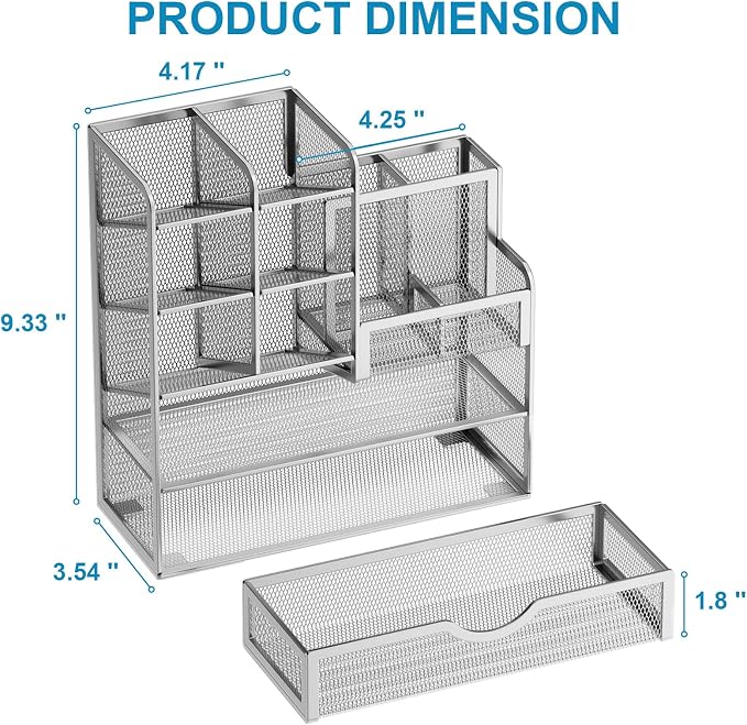 Marbrasse Mesh Pen Holder for Desk, Pen Organizer with Drawer, Multi-Functional Pencil Organizer, Desk Organizers and Accessories for Office Art Supplies (Silver)