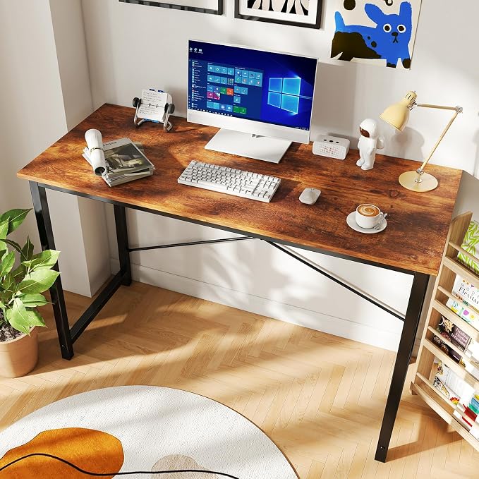 DUMOS 47 Inch Small Computer Desk, Gaming Desks for Home Office Bedroom | Modern Study Writing Work Table, Craft PC Desk Simple Workstation with Reinforcement Structure, Rustic Brown