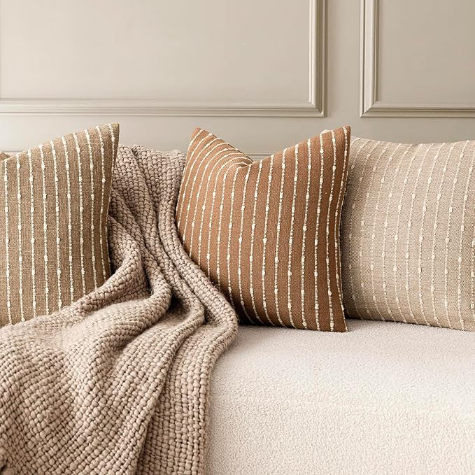 Foindtower Pack of 2 Decorative Jacquard Boucle Throw Pillow Covers Accent Textured Striped Pillowcases Soft Boho Modern Cushion for Couch Sofa Bedroom Living Room Home Decor 22x22 Inch Rust Tobacco