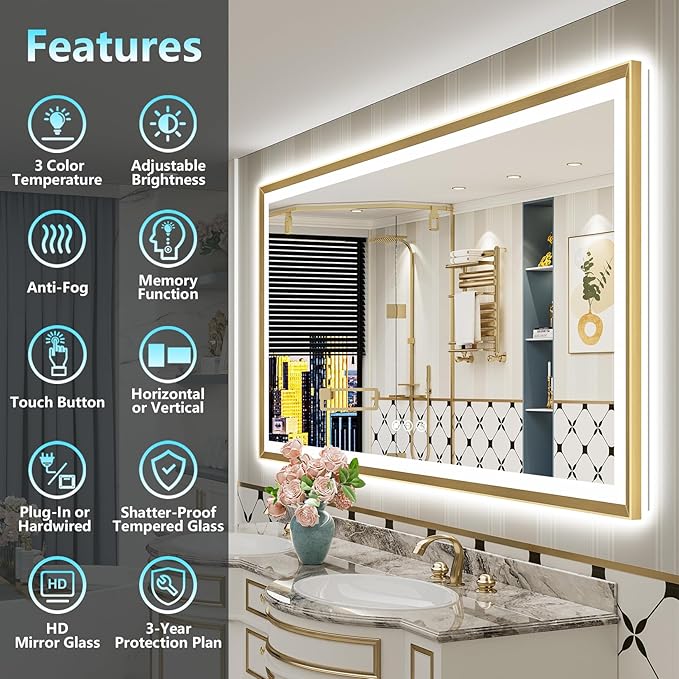 77x36 Gold Beveled LED Bathroom Mirror with Lights, Brushed Gold Framed Backlit and Front Lit Anti-Fog Lighted Vanity Mirrors for Bathroom Wall, Dimmable, 3 Colors, Memory, HD Tempered Glass