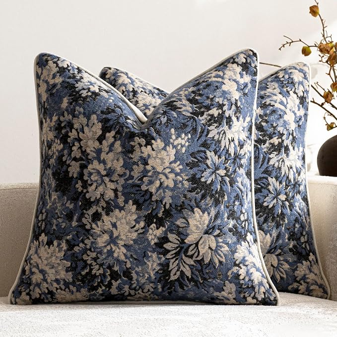 Pack of 2 Vintage Floral Throw Pillow Covers 16x16 Boho Farmhouse Accents Chenille Square Decorative Pillow Cases for Living Room Couch Bed Home Decor, Dusty Blue