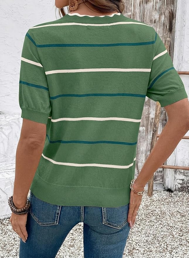 Dokotoo Womens Summer Short Sleeve Knit Tops 2026 Spring Trendy Casual V Neck Striped Sweater Blouses