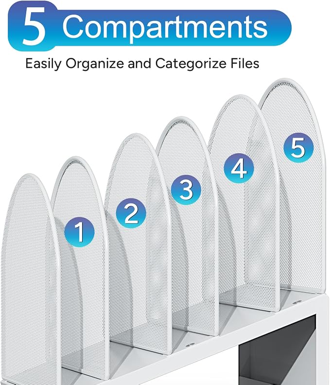 gianotter Desktop File Organizer with 5 Compartments | Desk Organizer Paper Organizer for Desk Workspace Organizers for Office Supplies (White, Inclined Style)