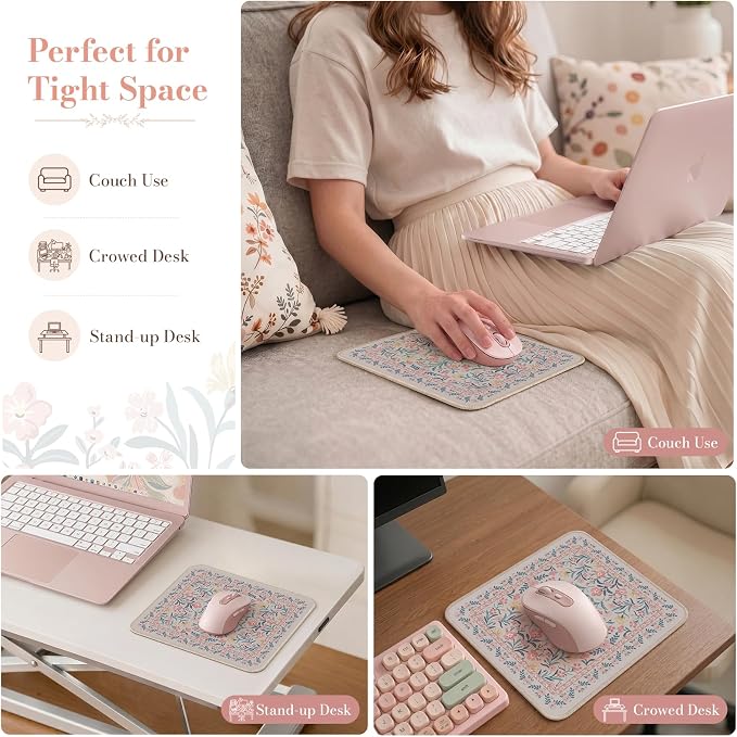 iCasso Aesthetic Small Mouse Pad, 9.5x7.9in,Home Office, Pink Floral | Pink Mini Portable Travel Mousepad, Anti-Slip and Comfortable Cloth Mouse Mat with Stitched Edges for Computer