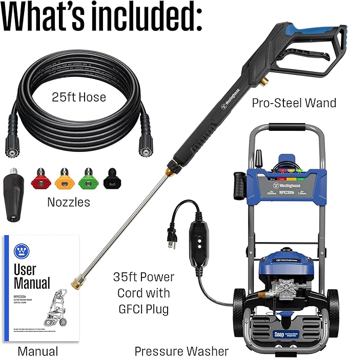Westinghouse WPX2300e Electric Pressure Washer, 2300 Max PSI and 1.76 Max GPM, Induction Motor, Onboard Soap Tank, Spray Gun and Wand, 5 Nozzle Set, for Cars/Fences/Driveways/Homes/Patios/Furniture