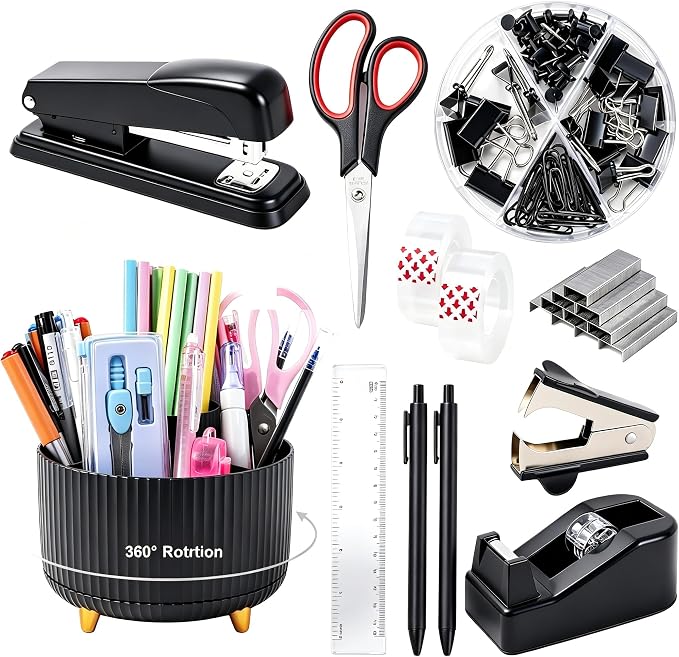 Gawsey Black Desk Organizers and Accessories with Desk Organizer 360° Rotating Pen Holder and Office Supplies, Cute Stationery Supplies Set