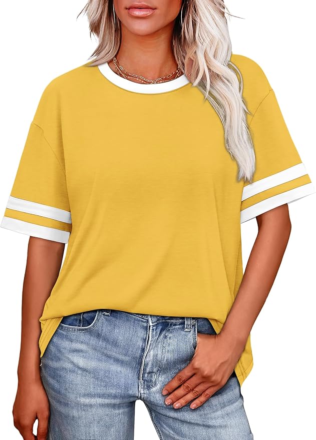 WIHOLL Womens T Shirts Loose Fit Short Sleeve Tees Crew Neck Color Block Summer Tops 2026 Fashion