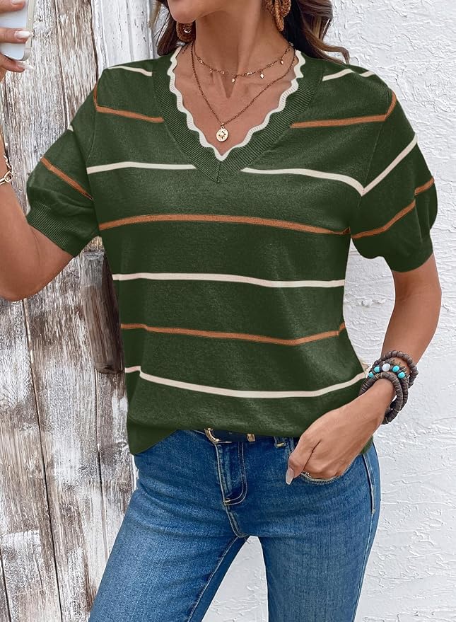Dokotoo Womens Summer Short Sleeve Knit Tops 2026 Spring Trendy Casual V Neck Striped Sweater Blouses