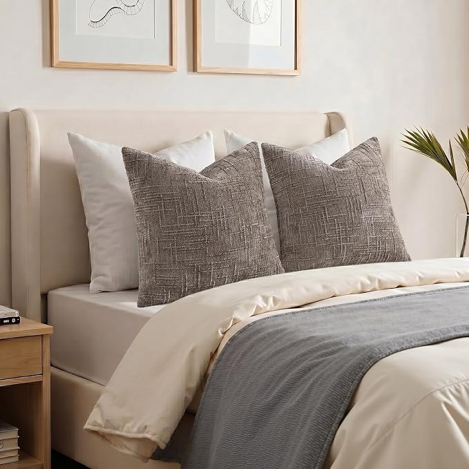 decorUhome Textured Chenille Throw Pillow Covers 24x24 Set of 2 Taupe | Fall Modern Farmhouse Soft Cozy Slubby Couch Pillow Cases Boho Decorative Pillow Cases for Bed Sofa Living Room Home Decor