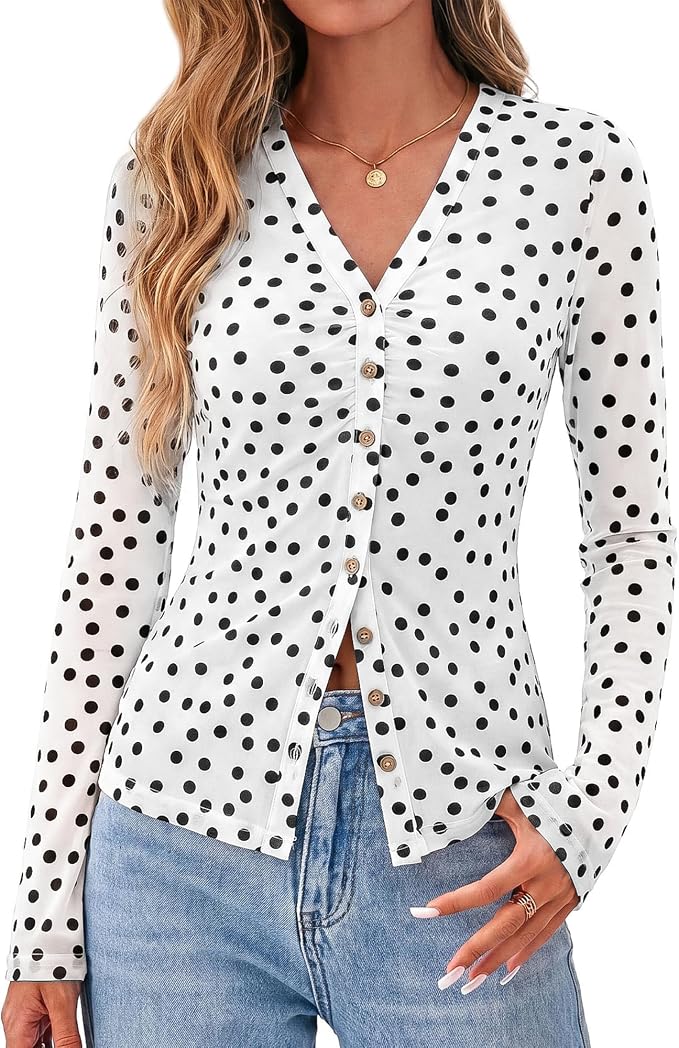 BTFBM Button Down Shirts for Women 2026 Fall Boho Tops V Neck Long Sleeve Blouses Ruched Mesh Fitted Fashion Clothing