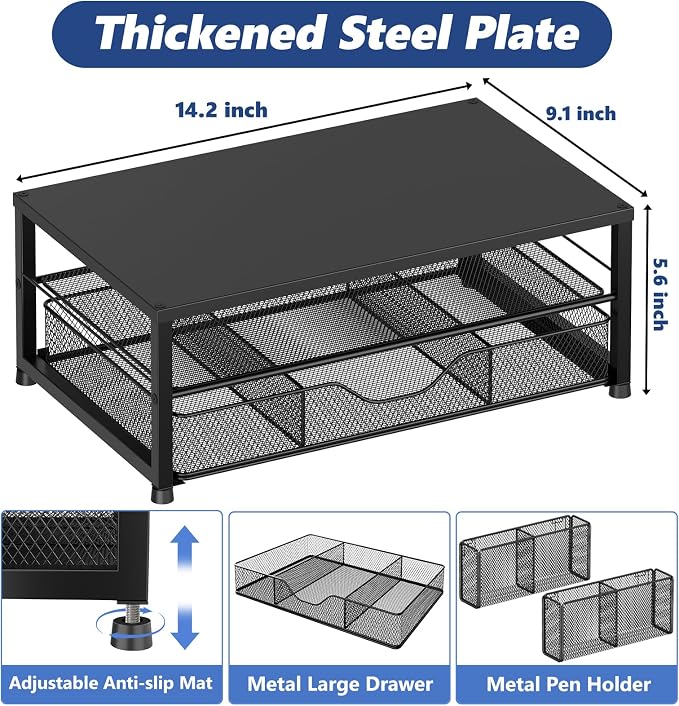 OPNICE Desk Organizer and Accessories, 2-Tier Computer Monitor Stand Riser with Drawer and 2 Pen Holders, Laptop Stand, Office Desk Accessories for Office Supplies, Black
