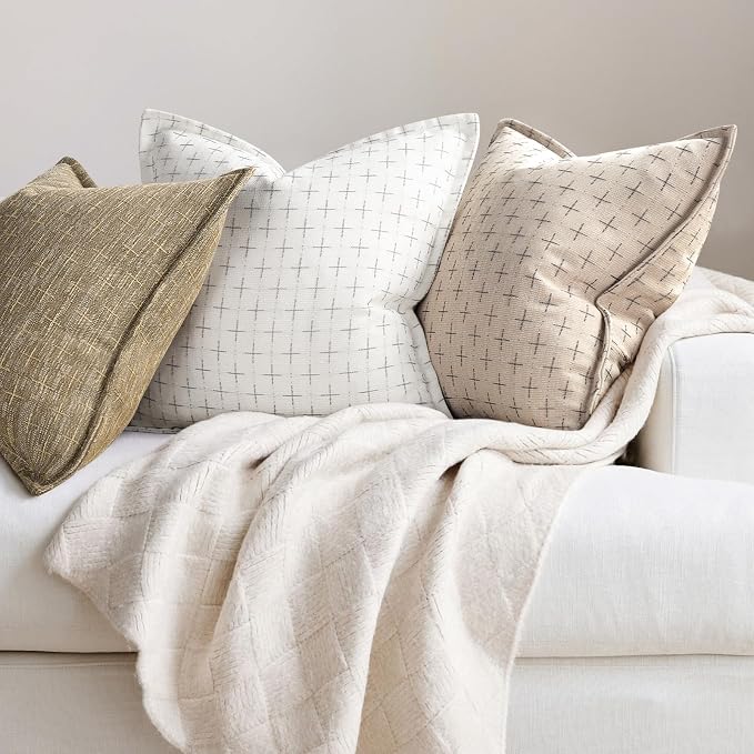 Pillow Covers 24x24 Set of 2 Soft Polyester Textured Pillow Covers with Stylish Flange Edge Cozy Farmhouse Throw Pillows for Couch Bed Sofa Living Room