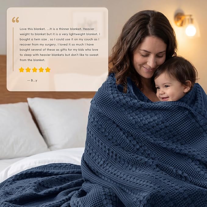 PHF 100% Cotton Waffle Weave Blanket Queen Size, Lightweight Breathable Summer Blanket for Hot Sleepers, Pre-Washed Soft Layer for Bed, Couch, Aesthetic Home Decor & Gift, 90"x90", Blue Sapphire
