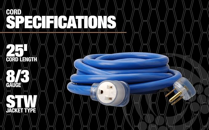 Southwire Extension Cord with NEMA 6-50 Plug & Receptacle - Built for Welding Machines - 8/3 STW Jacket - Lighted Ends - Molded for Safety - Portable - 250V/50A - 25FT