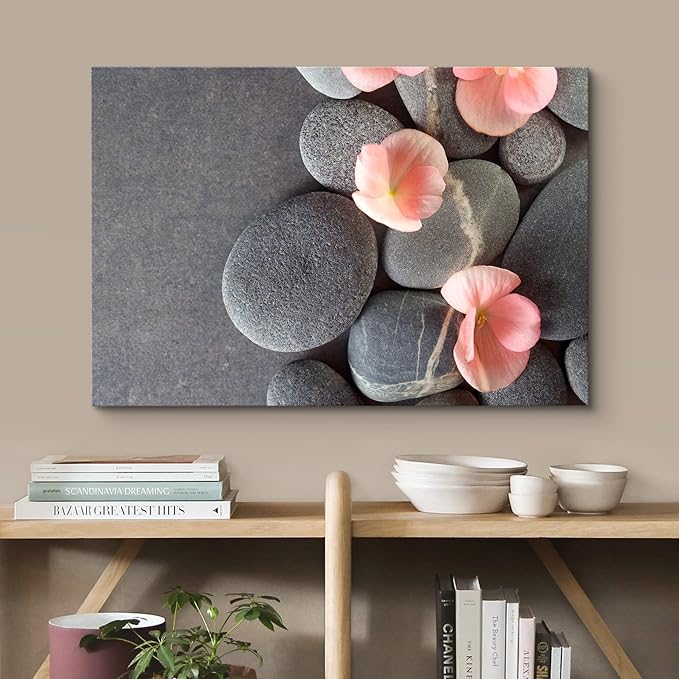 wall26 Canvas Print Wall Art Gray Stones with Pink Daisy Flowers Floral Nature Photography Realism Bohemian Scenic Relax/Calm Cool for Living Room, Bedroom, Office - 12"x18"