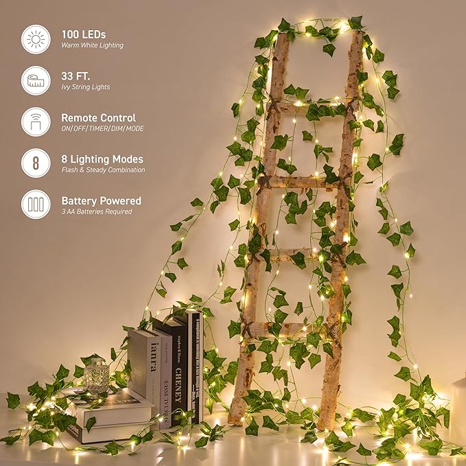 Indoor String Lights, 33ft Artificial Vine with 100 LED Fairy Lights, Battery Operated, Remote Control, 8 Lighting Modes, Green Leaf Decor