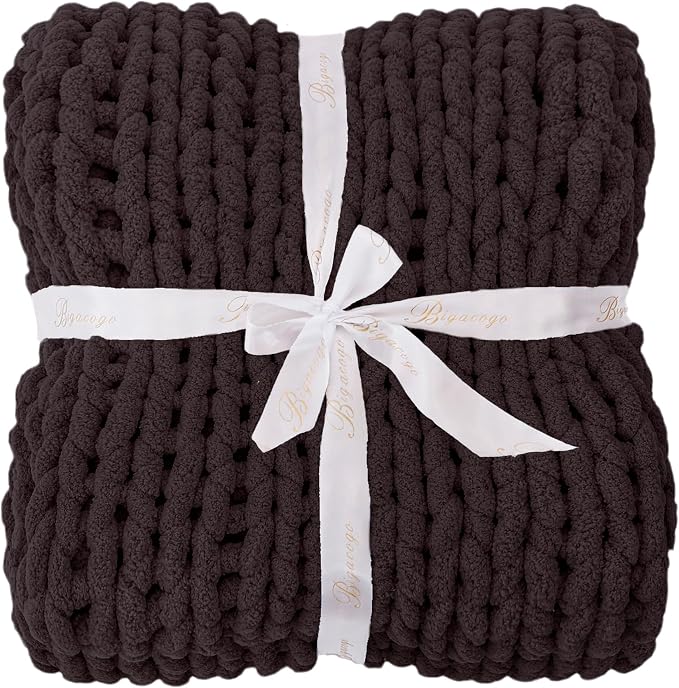 Bigacogo Chunky Knit Throw Blanket for Couch, 40x60 inches, Chocolate | Hand Knit with Jumbo Chenille, Soft Breathable Cable Knit for Sofa Bed Living Room, Machine Washable, Gift for Mom Friend