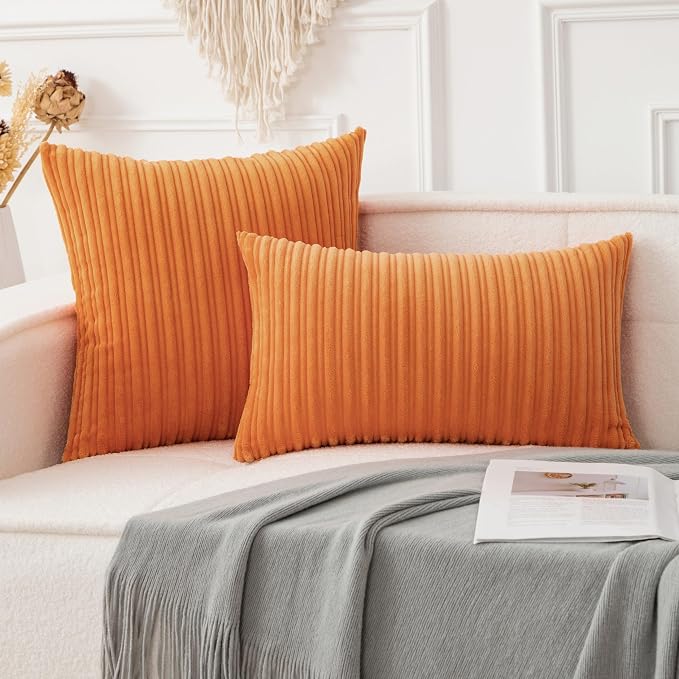 UGASA Fall Decorative Soft Velvet Stripe Pillow Cover 1 Pack Solid Corduroy Textured Euro Cushion Case for Couch Bedroom Sofa Farmhouse, 20x20 Inch, Orange