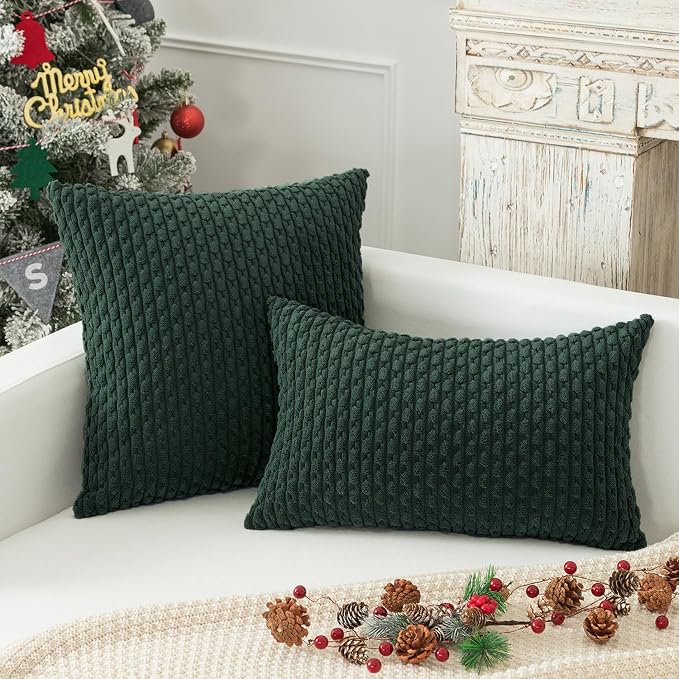 Kevin Textile Soft Corduroy 12"x24" Lumbar Pillow Cover 1 Pack, Army Green | Boho Stripe Plush Corduroy Decorative Oblong Cushion Cover Modern Farmhouse Home Decor for Sofa Couch Bed Chair