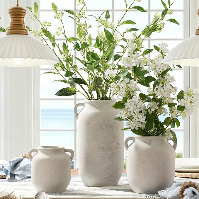 Vanselia Ceramic Flower Vase Home Table Decor Living Room Farmhouse 7.6 in | Small White Rustic Decorative Flowers Vases Plant Modern Decoration for Kitchen Shelf Coffee Dining Centerpieces Desk