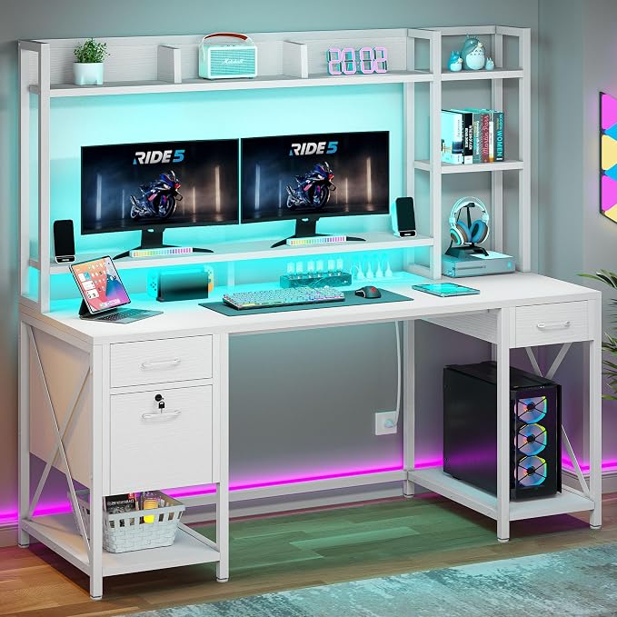 DWVO Computer Desk with Drawers & Hutch, 59.1" Office Desk with Power Outlets & LED Lights, Home Office Desk with Storage Shelves, White | Built-In Power Outlets, Led Lights, Hutch Shelves, Storage Drawers, for Home Office Work Study, Easy Assembly