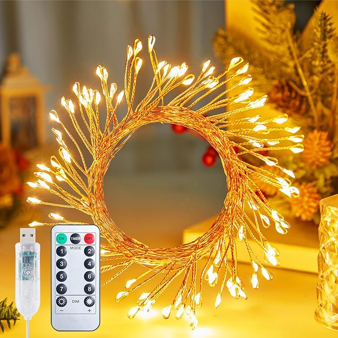 Fairy Lights Plug in, 16.4Ft 200 LED USB Firecracker Twinkle Lights with Remote and Timer, Silver Wire Cluster String Light for Bedroom Indoor Wreath Party Wedding Christmas Decoration, Warm White