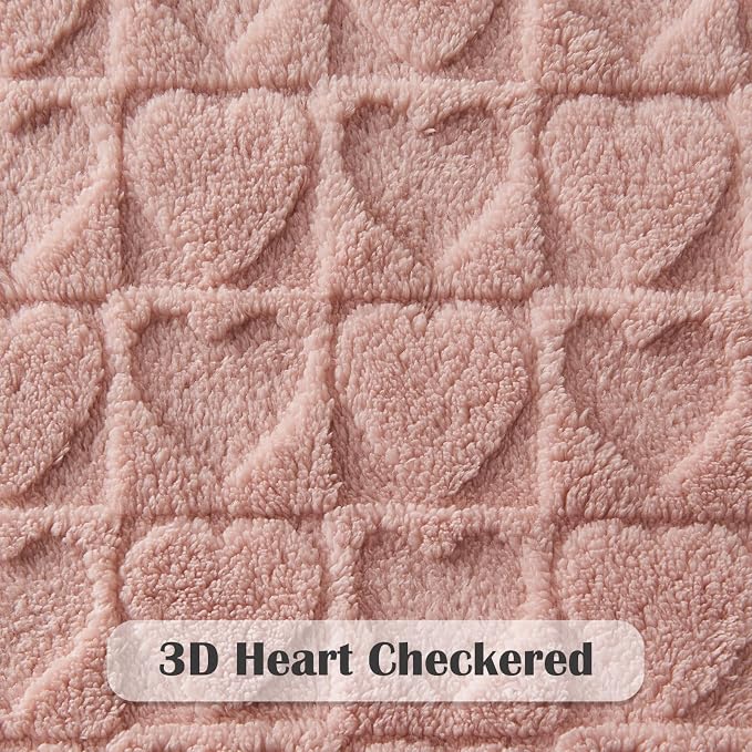 NEWCOSPLAY 3D Heart Checkered Flannel Twin Blanket, Dusty Pink, 60"x80" | Super Soft Cute Lightweight Decorative Premium Silky Fleece Blanket for Couch Sofa Bed, Gift for Women Men, All Season Use