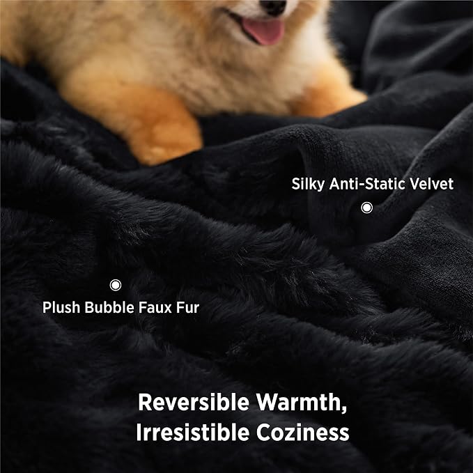 Bedsure GentleSoft Bubble Faux Fur Blankets Queen Size, Fluffy Fuzzy Queen Blanket for Bed, Soft Cozy Faux Fur Bedding for Winter, Thick Warm Plush Bed Cover, Black, 90x90