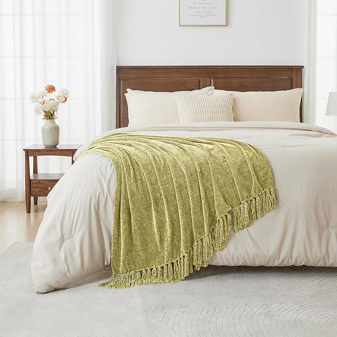 CozeCube Chenille Throw Blanket, Sage Green Fringe Blanket, 60"X80" | For Couch, Cozy Plush Fuzzy Decorative Blanket with Fringe Tassels, Lightweight Throws for Bed Sofa Gift Home Decor